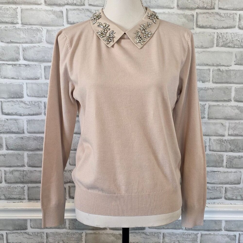 Sioni Milano Tan Beige Jeweled Rhinestone Collar Sweater Soft Girly Luxe Knit